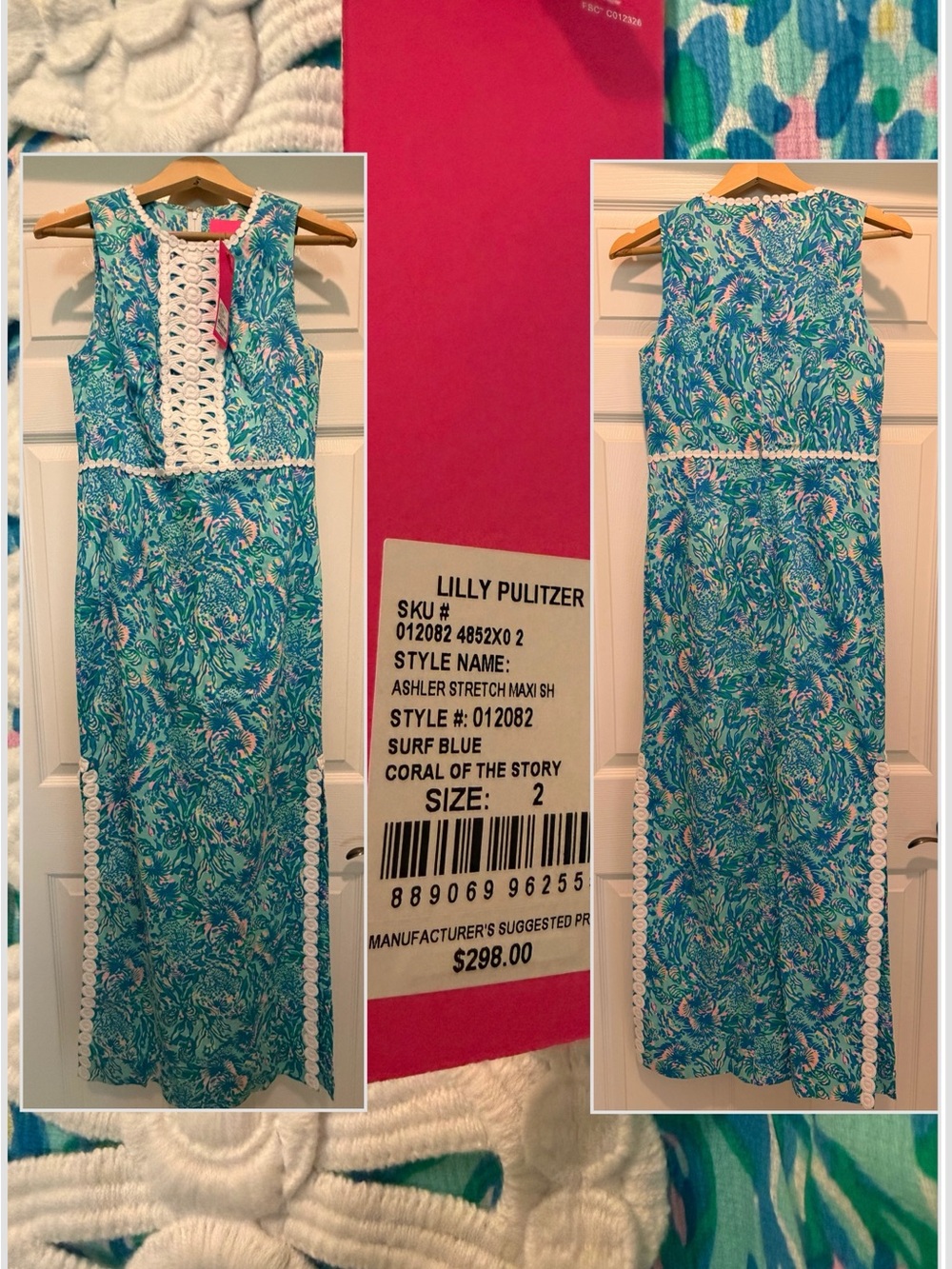Lilly Pulitzer Surf Blue Maxi Dress with Coral and White Accents